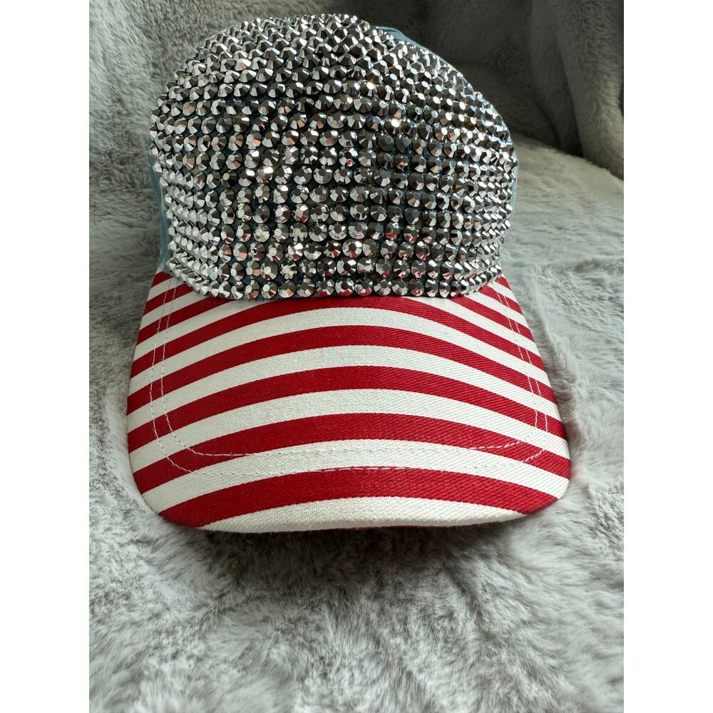 Patriotic Stars Stripes Rhinestone Cap Red White Blue 4th of July USA Hat